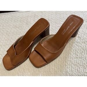 Via Spiga Made in Italy Cognac Leather Open Toe Block Heel Sandals Size 9.5M